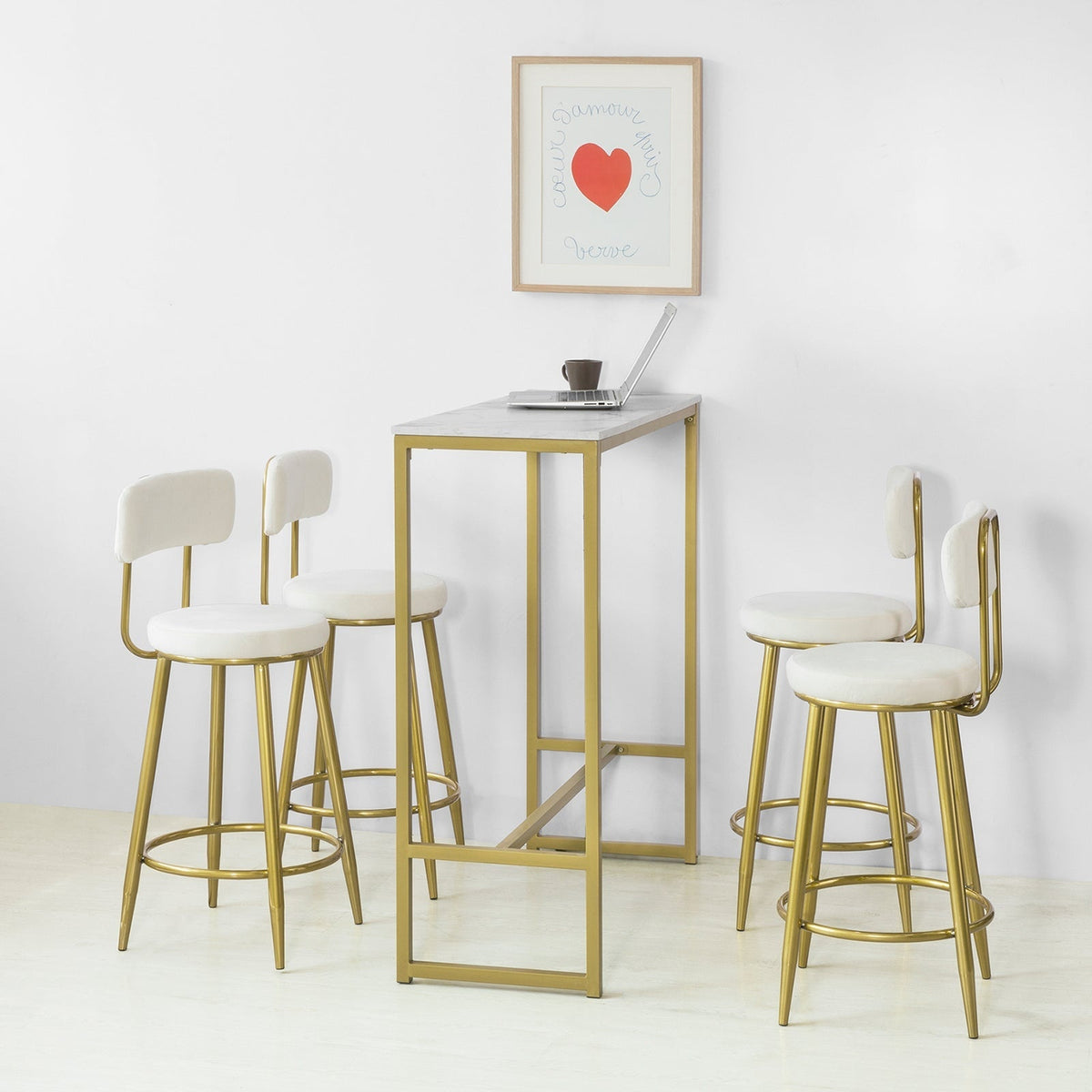 SoBuy Bartafel hoog - Max. 50 kg - Marmer Effect - 100 x 40 x 106 cm - Wit / Goud