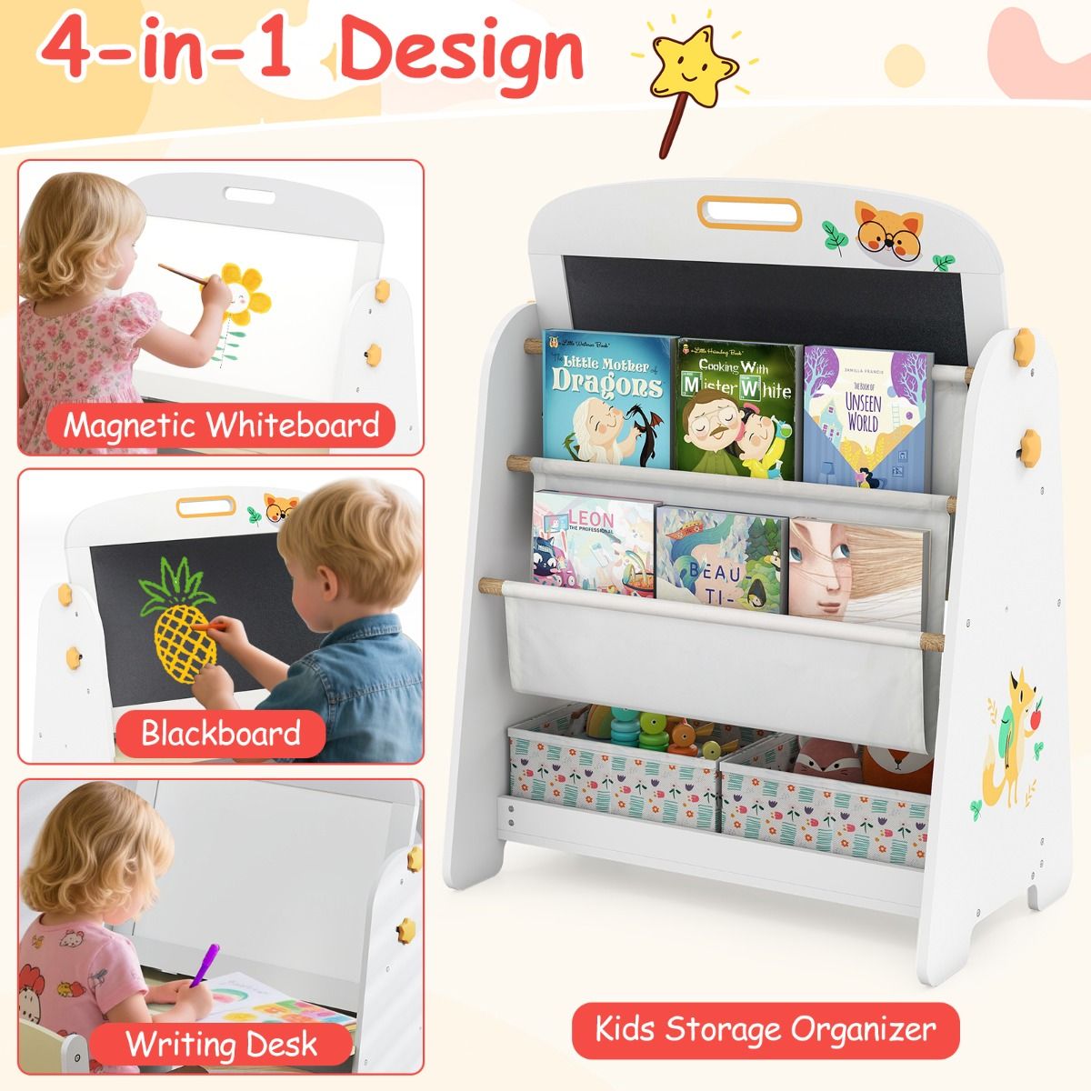 Coast Kindertafelset met Stoel - 4-in-1 ontwerp - Boekenrek en opbergruimte - Natuur