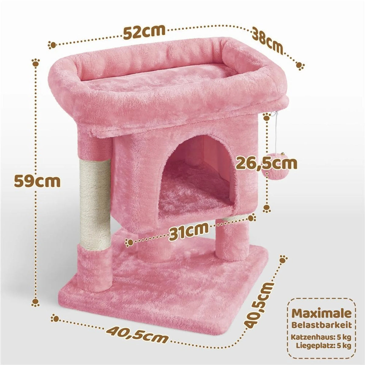 Yaheetech Krabpaal Met Hangmat – Voorzien Van Knus Kattenhol En Twee Sisalpalen En Zachte Ligplek – Voor Kittens En Kleine Katten – Lichtroze Pluche En Sisal – 40,5 x 40,5 x 59 cm
