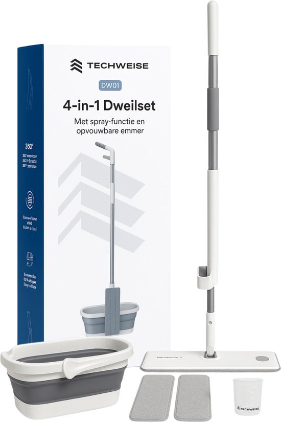 Techweise 4-in-1 Dweilsysteem - met Spray - Opvouwbare Emmer - 2 Extra Microvezel Dweilen -Sprayfunctie