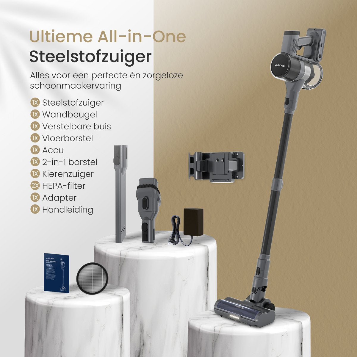 Vapore Steelstofzuiger Draadloos - 47 Minuten Accuduur - 350W - Snoerloze Stofzuiger - Zonder Zak - Op Accu - Vacuum Cleaner - Kruimeldief - Draadloze Steelstofzuiger - Zwart