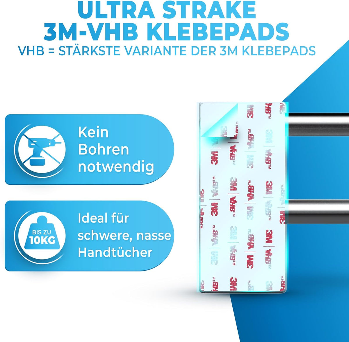 LOBUX® - Handdoekstang zonder boren - 80cm, roestvrij staal - Handdoekstang badkamer dubbel, zelfklevend - Handdoekstang, badhanddoekstang incl. 2 handdoekhaken - voor badkamer, douchewand, keuken