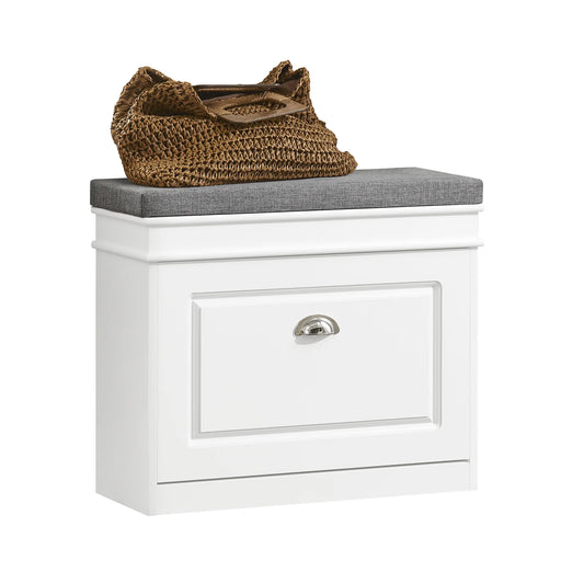 SoBuy – Schoenbank Schoenenkast – 60 x 24 x 51 cm – Voorzien Van Gecapitonneerde Zitting En Verborgen Opbergruimte En E1 MDF Constructie – Voor Gang En Slaapkamer – Wit Hout