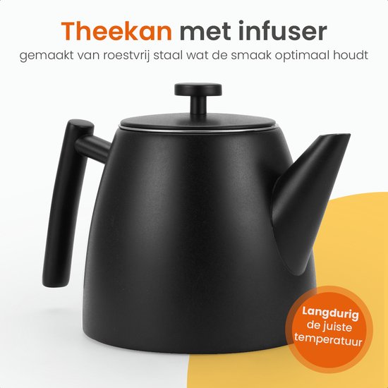 Goliving Theekan met Filter - 1 Liter - Theepot - Dubbelwandig - RVS - Thee Infuser - Mat - Zwart