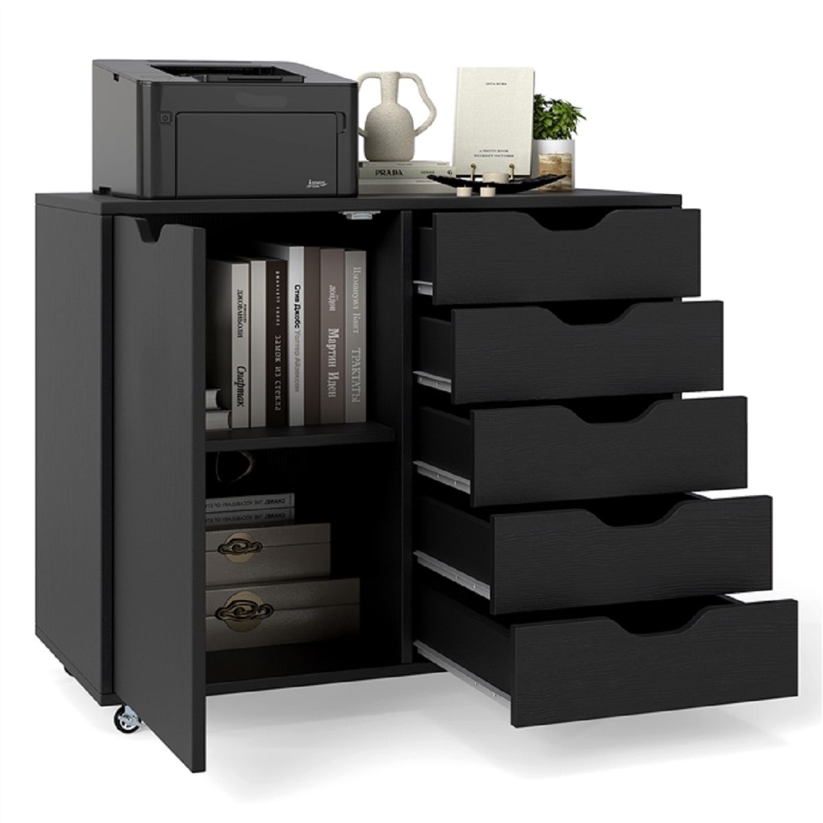 Coast Rollcontainer met 5 lades - deur en werkblad - met wielen - zwart - 79 x 39 x 65 cm
