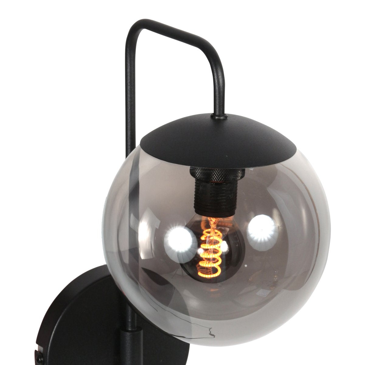 Wandlamp Bollique 4609ZW zwarte metalen wandlamp met smoke glas, E14 fitting, trendy stijl - Steinhauer