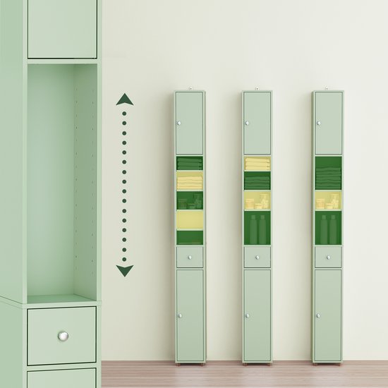 SoBuy Badkamerkasten hoog - Opbergkast met Verstelbare Planken en Lade - Kolomkast Badkamer - 20x180x20cm, Lichtgroen, BZR34-II-GR - voor Badkamer, Woonkamer, Slaapkamer