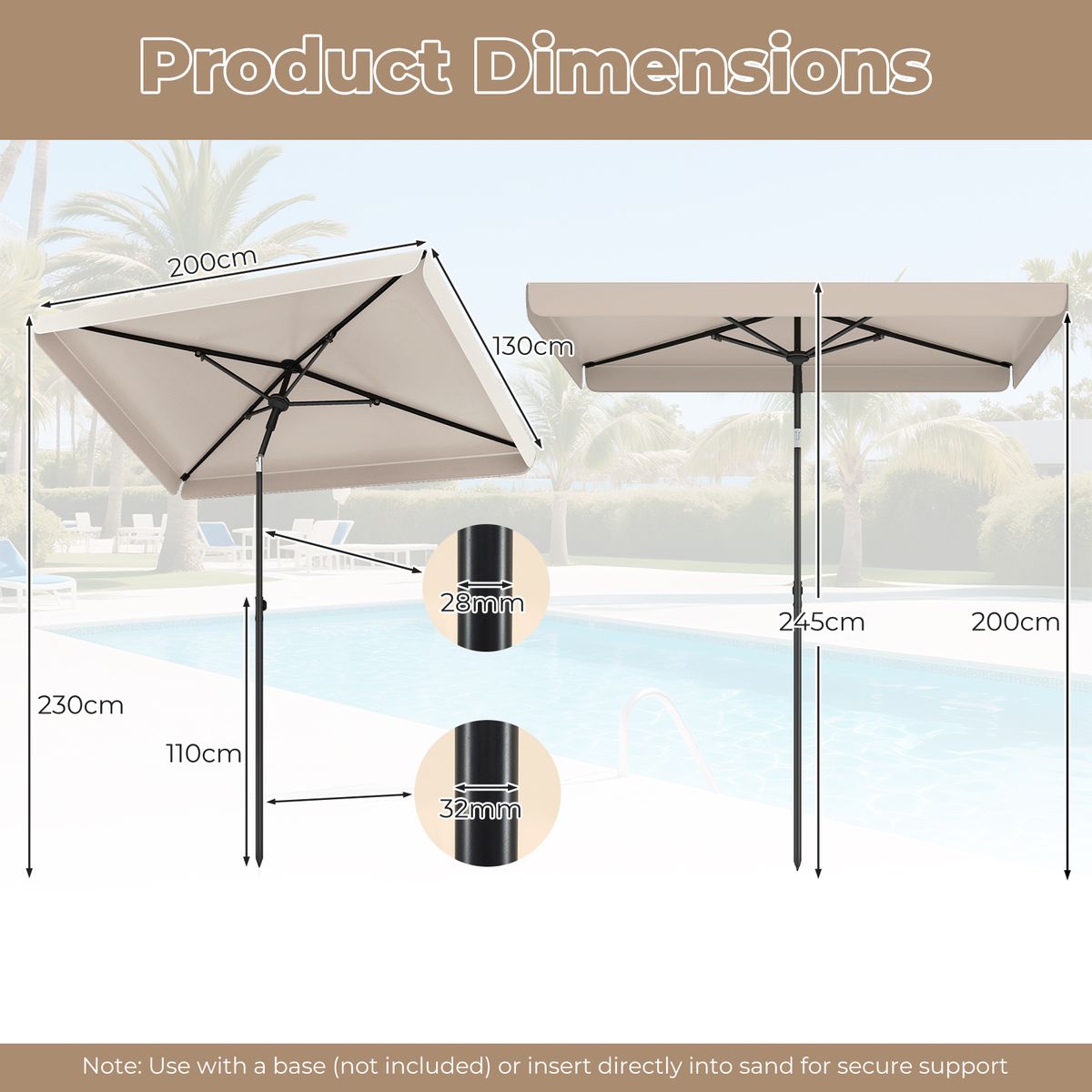 Coast Balkonparasol - rechthoekig - kantelbaar 30° - 200 x 130 cm - beige