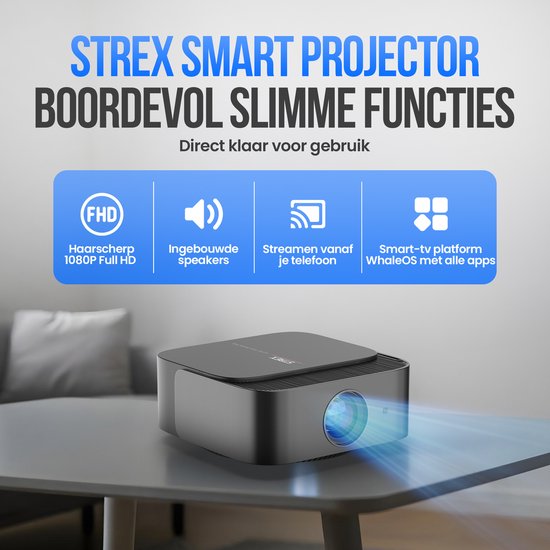 Strex Smart Beamer WiFi - Mini Beamer met Apps (WhaleOS) - 1080P Full HD Projector - 4K Ondersteuning - Bluetooth en Ingebouwde Speakers - Inclusief Opbergtas & Projectiescherm