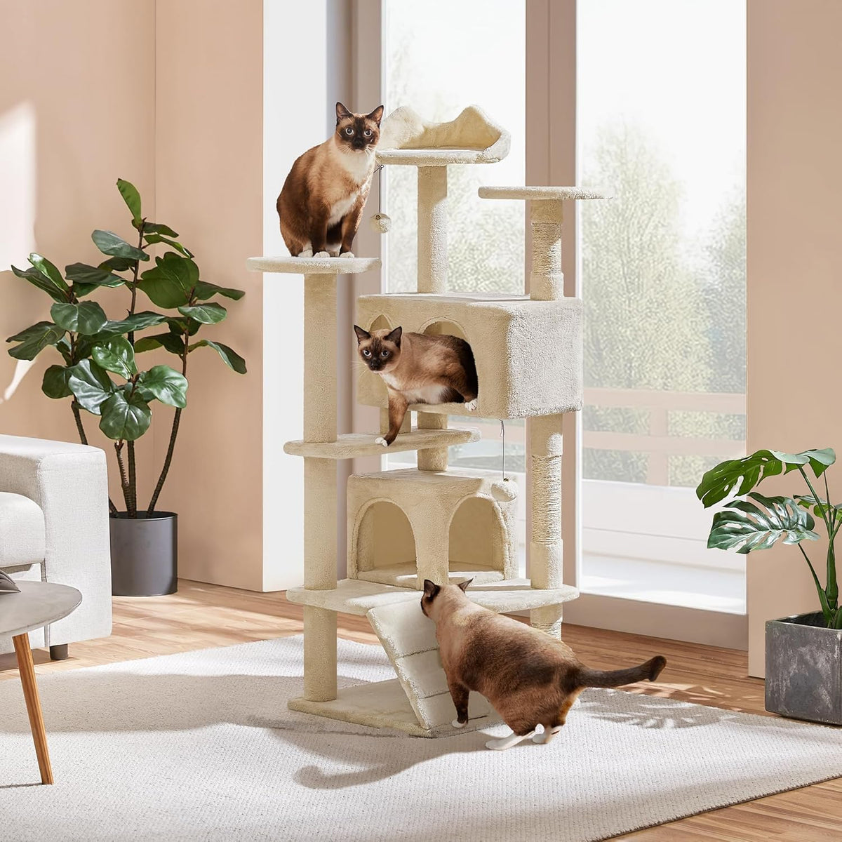 Yaheetech Kattenkrabpaal 137 cm - Beige - 49 x 49 x 137 cm - Met 2 Huisjes, 3 Plateaus en Sisal Speelballen