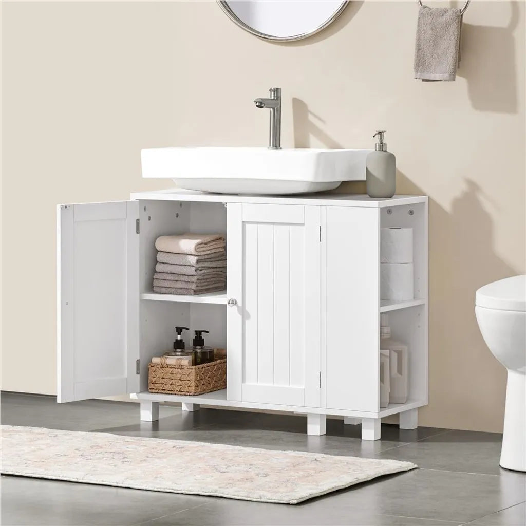 Yaheetech Wastafelonderkast 75 x 30 x 62 cm – Wit – Met 4 Vakken, Open Planken en Handdoekhouder