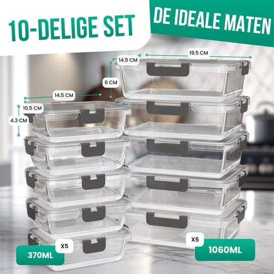 Avalo Vershoudbakjes Glas - Meal Prep Bakjes - Diepvriesbakjes - Met Deksel - 10 Delig 1060ml / 370ml