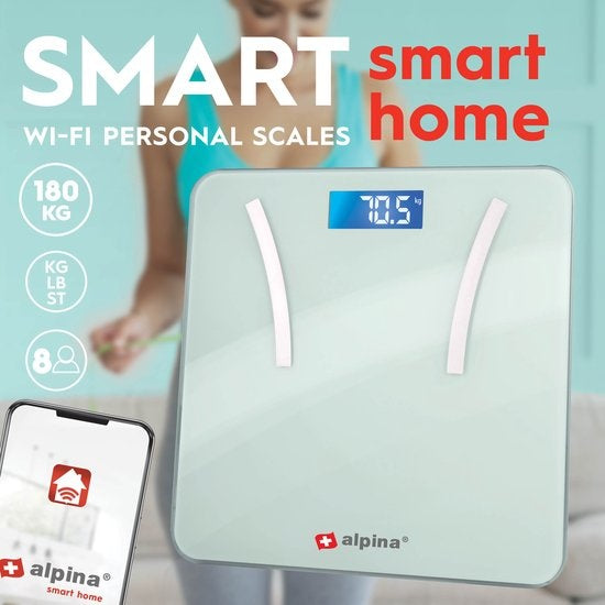 alpina Smart Home - Slimme Personenweegschaal - met Lichaamsanalyse - o.a. Gewicht, Vetpercentage en Spiermassa - met App - tot 8 Gebruikers