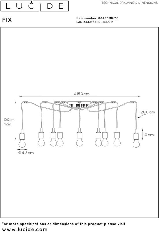 Lucide FIX - Hanglamp - 10xE27 - Geschikt voor vide en hoge plafonds - Zwart