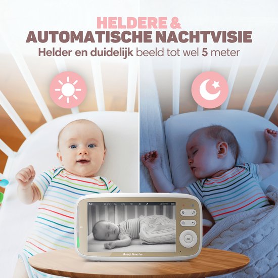 Vulpes Goods® Babycare - Babyfoon met Camera - Babymonitor met Camera en VOX - 5 inch FULL HD Scherm - Op afstand bestuurbaar - Baby Camera - Babyfoons met Geluidsdetectie - Nightvision - PRO Versie - Wit