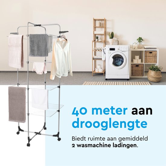 BRASQ Droogtoren 4 Lagen - Drooglengte 40 Meter - Droogrek met Wieltjes en houders - Wasrek - Wastoren 68x68x169 cm - Wit