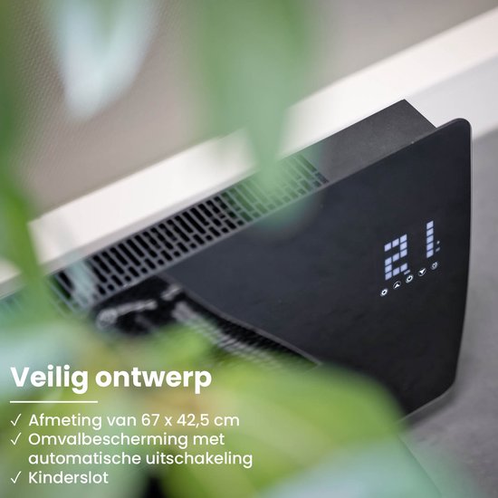 QLT Curved Verwarmingspaneel van Glas – Elektrische Kachel met App Bediening –Badkamer Verwarming met Thermostaat en Antivries – 2000 Watt - Zwart