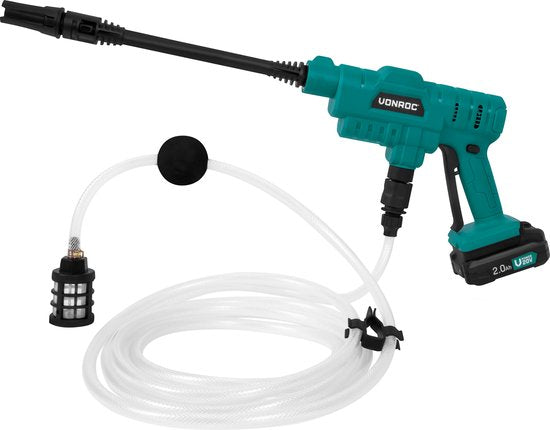 VONROC Accu drukreiniger 20V – 24bar – 198 l/h - Incl. 5m aanzuigslang, reinigingsmiddelenfles en regelbare spuitmond – Incl. 2.0Ah Accu en Snellader