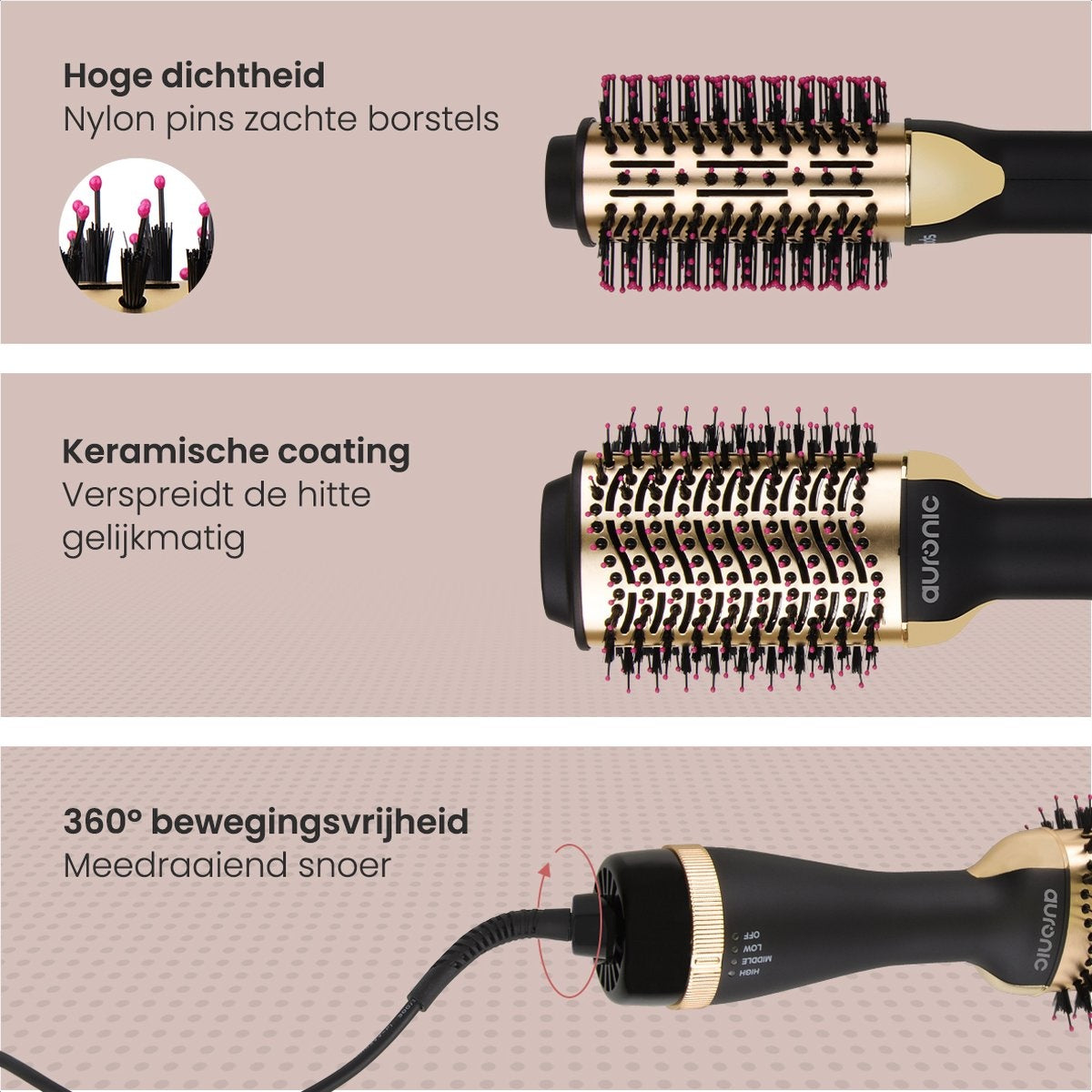 Auronic 3-in-1 Föhnborstel - Keramische Magic Brush - Airstyler - Lang/Stijl/Krullen - 1000W - Zwart/Goud