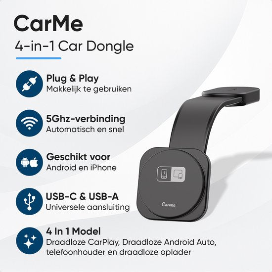 CarMe 4-in-1 CarPlay Dongle Pro - Met Draadloze Oplader - Draadloos CarPlay & Android Auto - Android Auto Dongle - MagSafe Autohouder - Zwart
