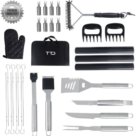 TTD® Premium BBQ Accesoires Set 30-delig - BBQ Gereedschapset RVS - Barbecue Accessoires - BBQ Tang - BBQ Spatel - Met BBQ Handschoenen en Schoonmaak Borstel - Inclusief Opbergtas