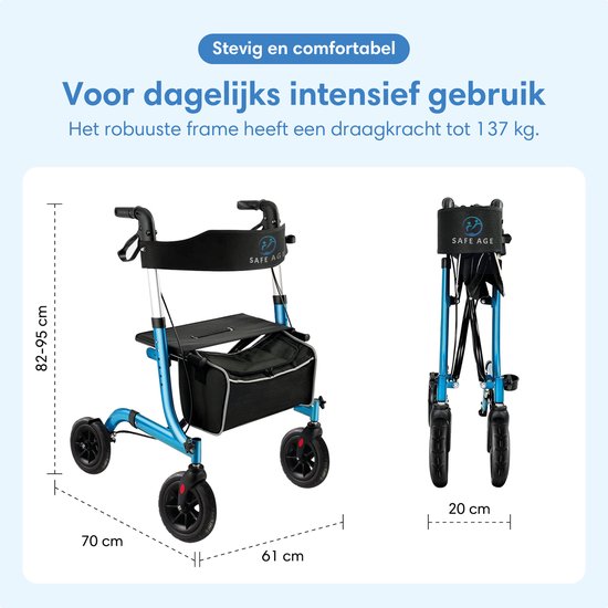 SafeLife® Rollator lichtgewicht en opvouwbaar - zitfunctie - voor binnen en buiten - Rugleuning en wandelstok houder - Blauw