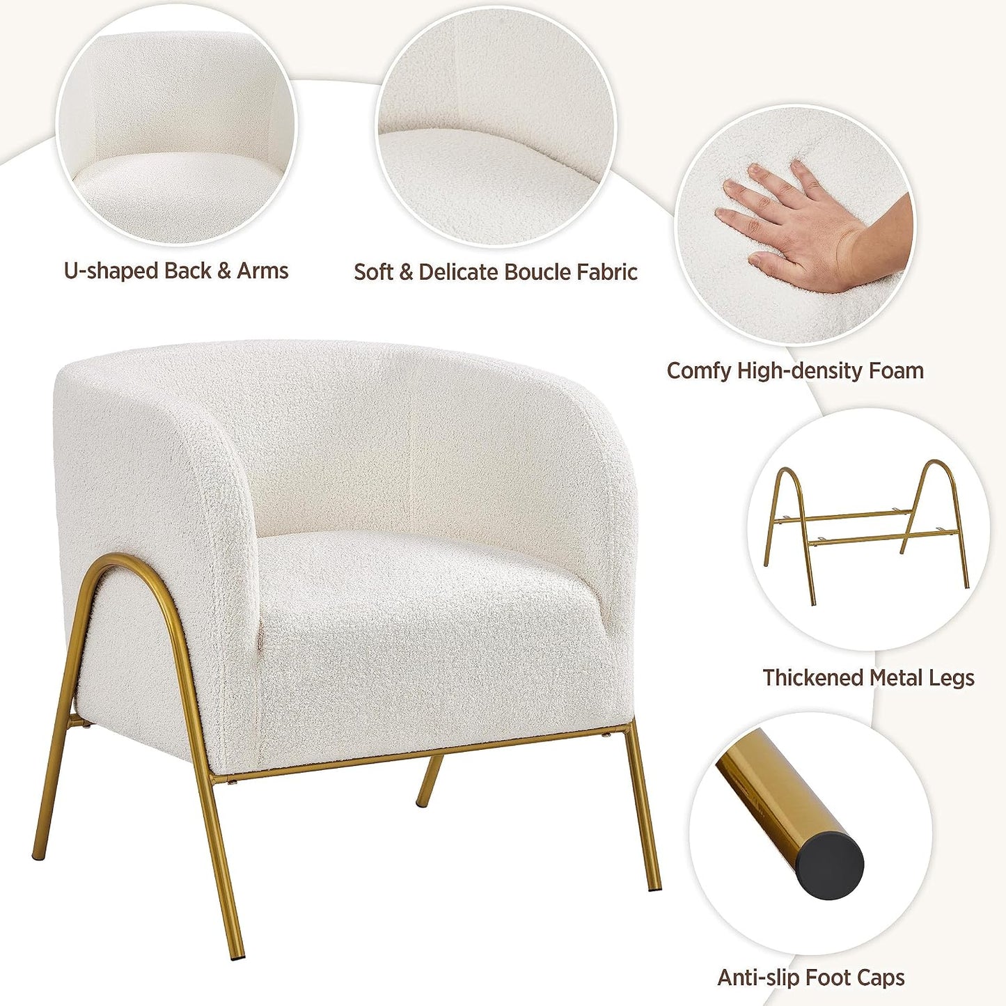 Yaheetech Accentstoel Luxe Barrelstoel Boucle - Gouden V-Poten - Ivoor - 69x69x72 cm