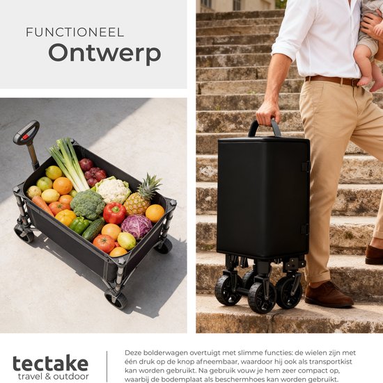 tectake® Bolderkar - Opvouwbaar - 60 kg Draagkracht - Draaibare Massieve wielen - 47 x 83 x 90 cm - Bolderkarren - Bolderwagen - Met Verstelbare Duwstang - Handkar - Waterafstotende Transportwagen - Met Legplank en Binnenvak