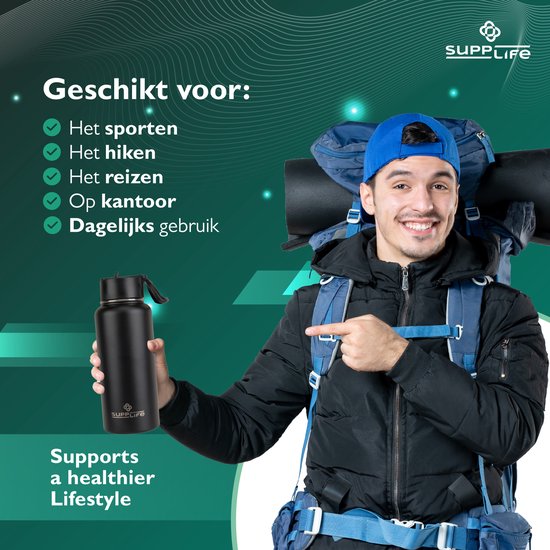 Supplife Luxe RVS Thermosfles / Drinkfles - 1 Liter - BPA & Lek Vrij - Waterfles met Rietje - Dubbelwandige Isolatie - Thermosbeker - Schenkdop en Dop met Rietje - Inclusief Schoonmaakborsteltje - Zwart