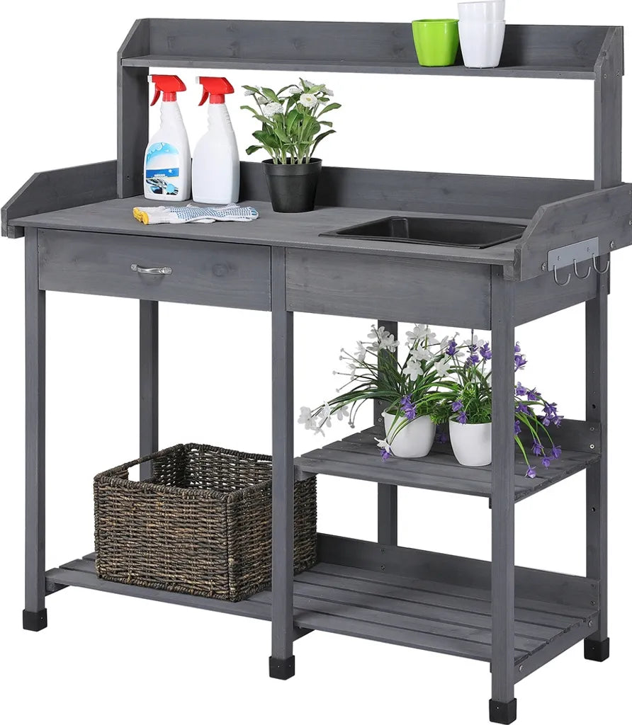 Yaheetech Oppottafel met Spoelbak 114,8 x 45 x 121 cm - Grijs - Houten Planttafel met Lade en Verstelbare Plank
