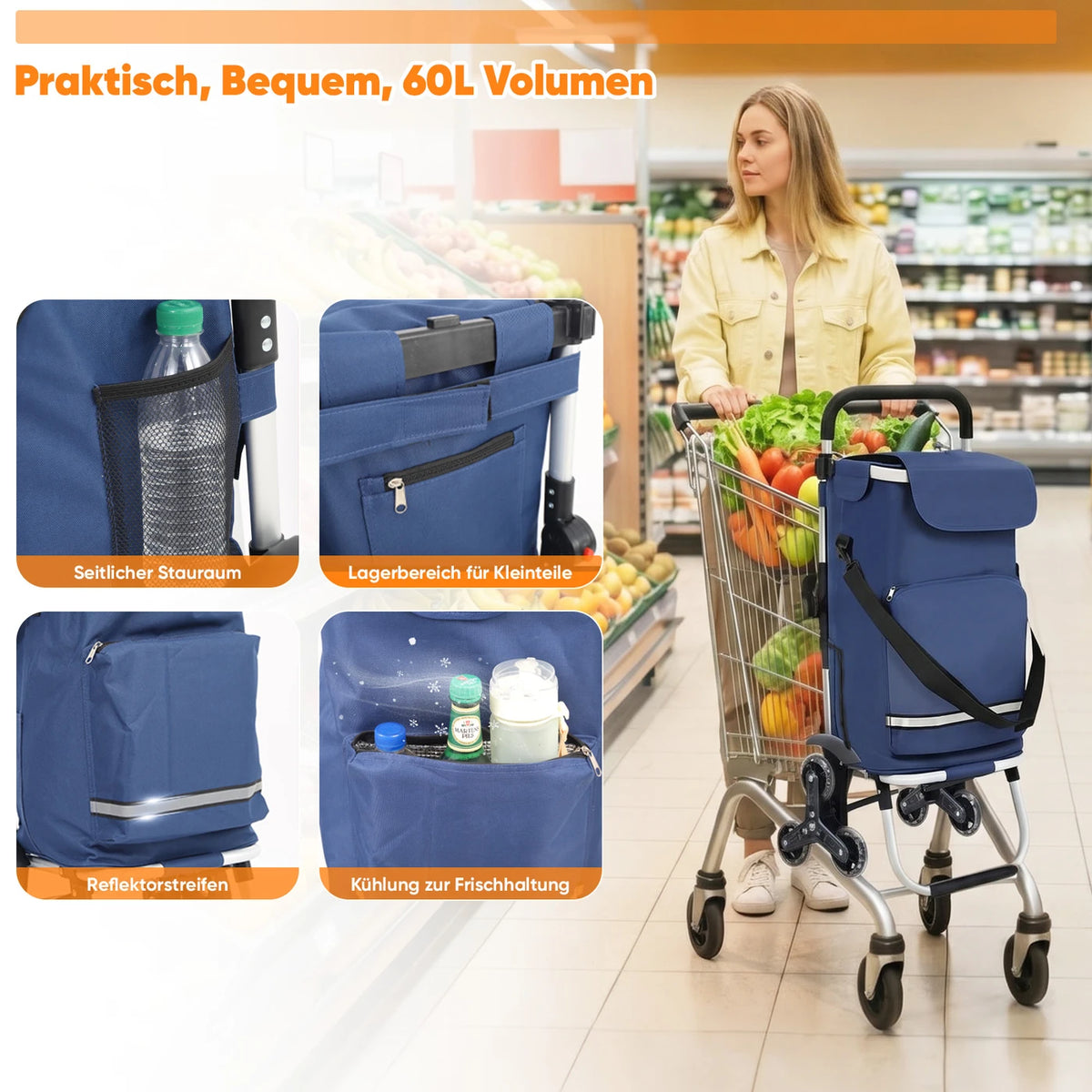 Opvouwbare Boodschappentrolley Traploper 60 L - 3-in-1 met Koelvak en 6 Wielen - Aluminium Frame - Blauw - 36 x 42 x 98 cm