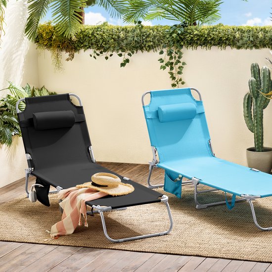 SoBuy Opvouwbare Ligstoel, Verstelbare Tuinligstoel met Hoofdsteun en Opbergzak, Ergonomische Relaxstoel voor Buiten,Tuin, Balkon en Terras, Zwart, OGS35-SCH