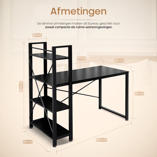 O'DADDY® Bureau met Verstelbare Voeten - Bureautafel - Computertafel - Game Bureau - Gaming Desk Klein - Bureaublad Meubel - 120 x 60 cm - Boekenrek - Computerbureau - Zwart