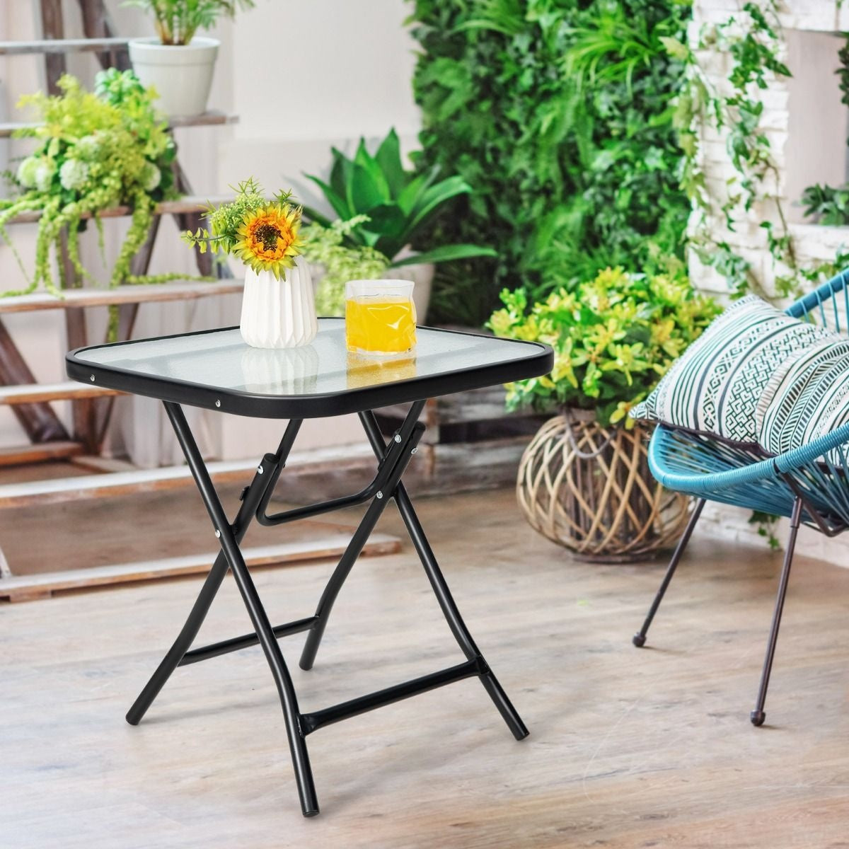 Coast Terrace bijzettafel vierkante glazen tafel met roestvrij frame opvouwbare salontafel zwart