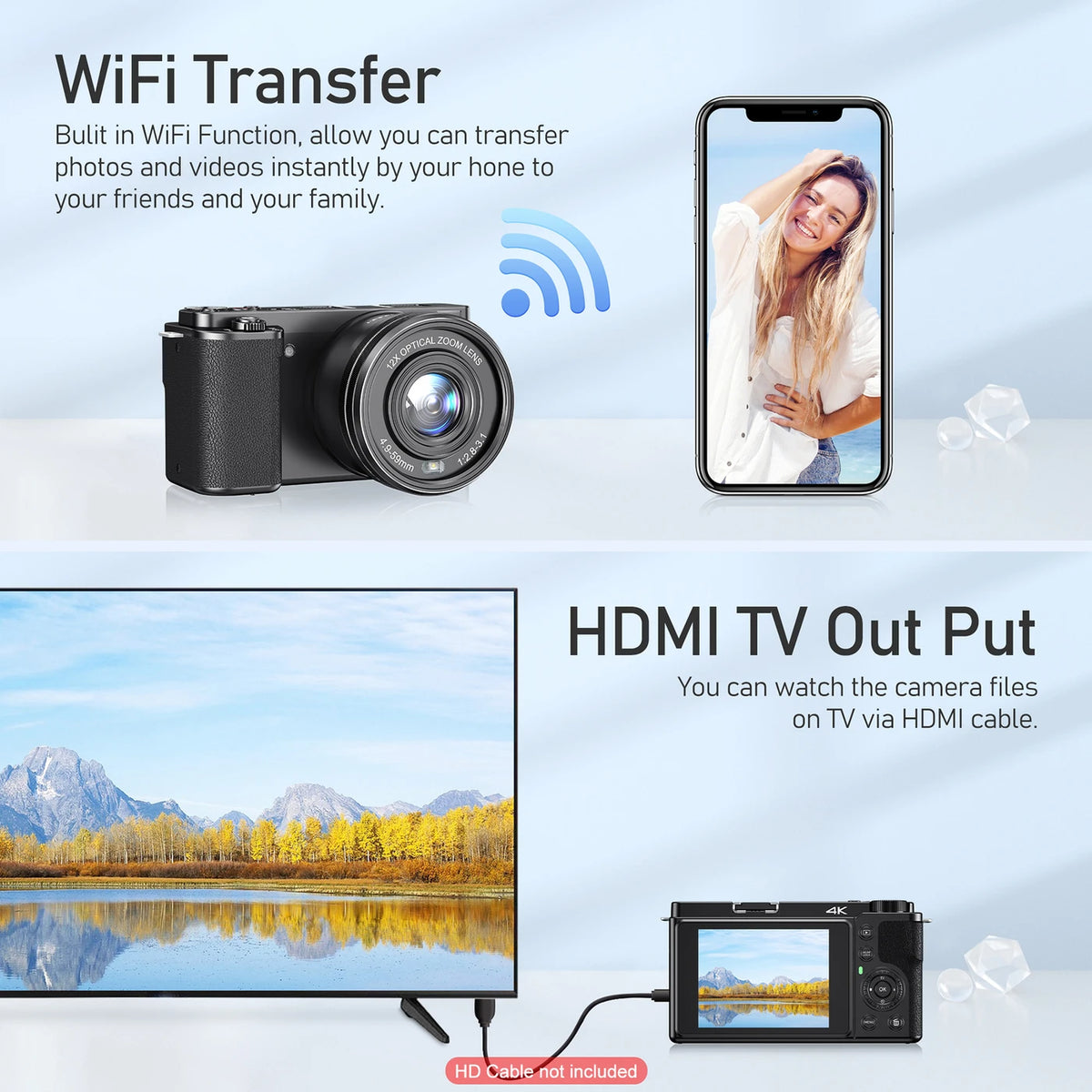 <KOMERY W6 Digitale Camera – 64 MP – 4K Ultra HD – 12x Optische Zoom – Wifi – Autofocus – Zwart