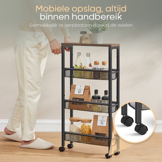 O'DADDY® Keukentrolley - Smalle Rolwagen - Keukeneiland - Serveerwagen - Keukentrolley Op Wieltjes - Keuken Trolley - Industrieel Design - Bruin Hout - Zwart Metaal