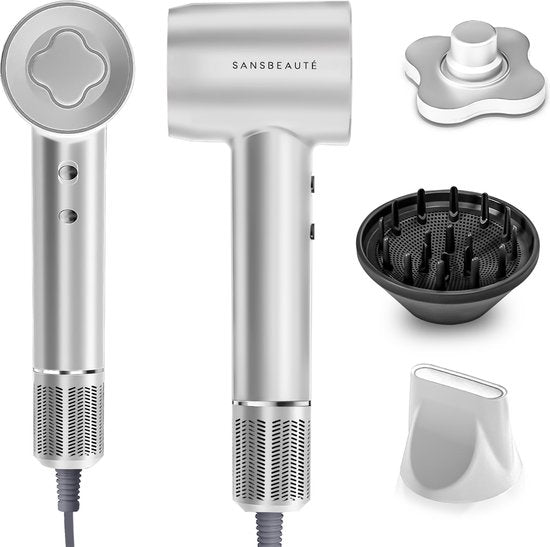 Sansbeauté® Föhn met Diffuser – Krullen – 110.000RPM - Ionische Haardroger met Borstel - 3 Standen - 3 Opzetstukken – Reisföhn - Coolshot – Haarföhn met Diffuser – Hair Dryer - 2000W - EssentiaPRO®