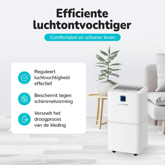 Bloomfold Luchtontvochtiger - 12L per Dag - Incl. Was-droog Functie - Geschikt voor Woonkamer, Slaapkamer, Kelder & Badkamer - Dehumidifier - Wit