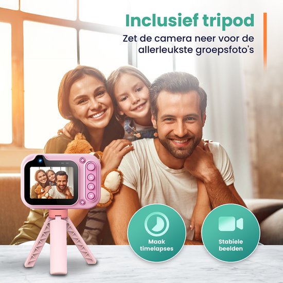 ODESSEY Waterdichte Kindercamera - met Tripod - Full HD - Selfie Camera - 32GB SD Kaart - Foto - Video - Spelletjes - Digitale Camera Kinderen - Fototoestel voor kinderen - Roze