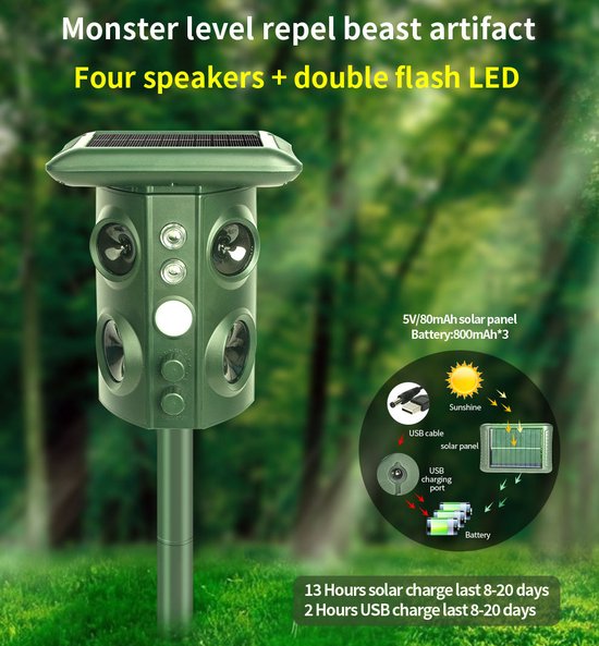 Fuegobird Ultrasone verjager - Dierenverjager - Diervriendelijke verjager - Supersonisch Flash Kattenverjager - Met Smart Modus - Ultrasone - Werkt op zonne-energie / USB oplaadkabel