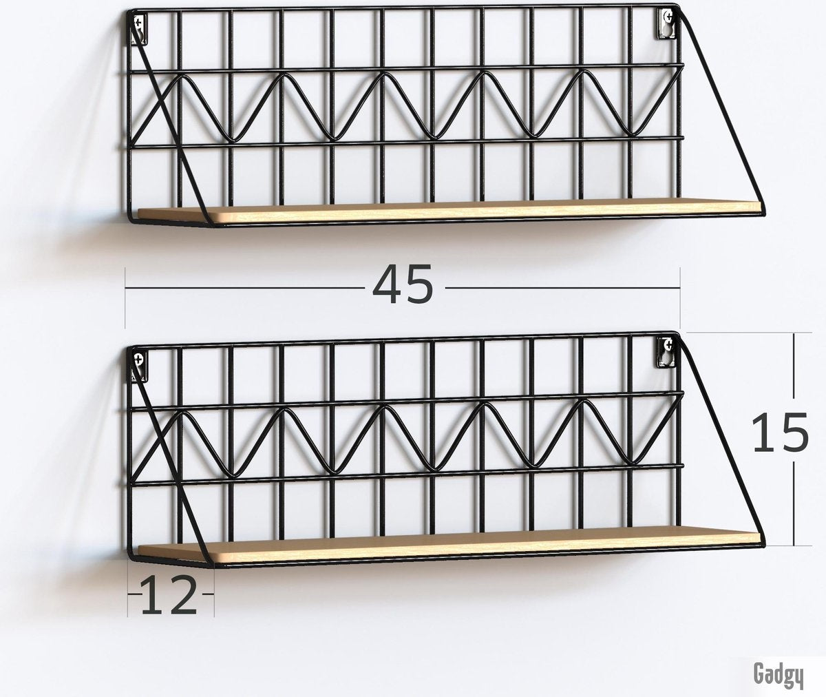 Gadgy Wandrekken Industrieel - Set van 2 - Wandrek Zwart met Hout - Wanddecoratie Woonkamer - Muurdecoratie Metaal - Wandplank zwevend voor Slaapkamer - Boekenrek – 45 cm