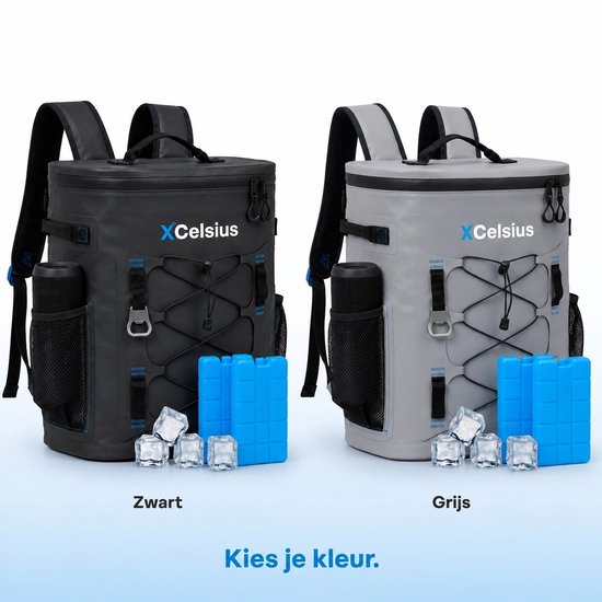 XCelsius® Koeltas Rugzak 20 Liter – Koelrugzak met 2 Koelelementen en Flessenopener – Minstens 24 Uur Koel – 100% Waterdicht – Koelrugtas voor Strand, Festival, Boot en Camping – Grijs