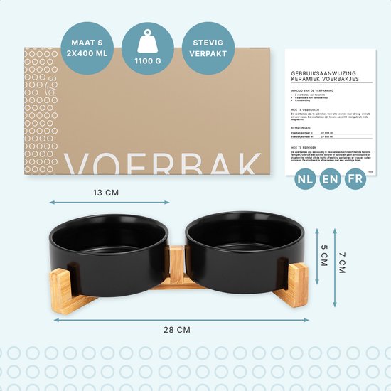 Voerbak Hond - Voerbak Kat - Drinkbak - Met Standaard - 2x 400 ml - Maat S - Zwart