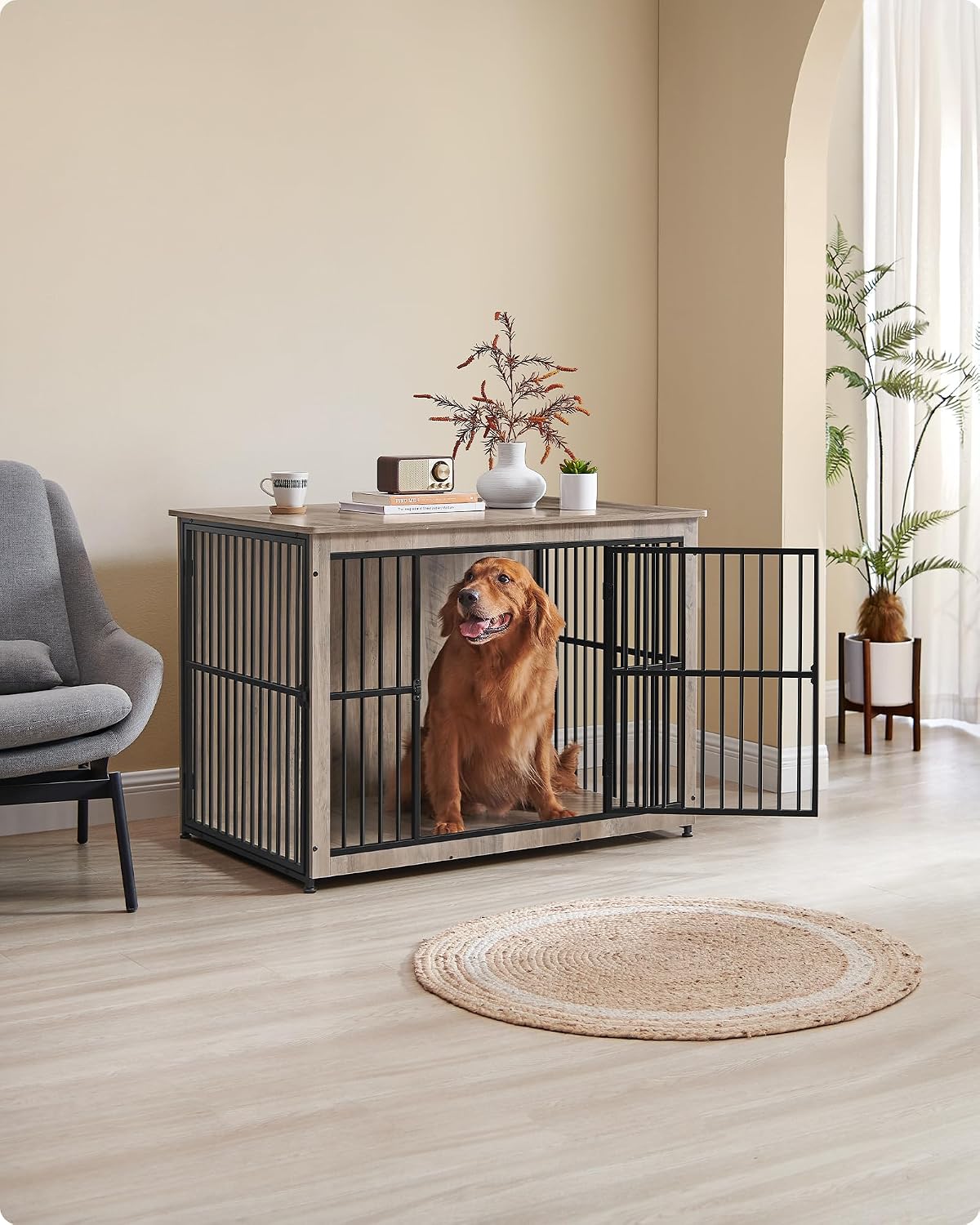 Feandrea DEGWOOD hondenbench als meubel - 110 × 76 × 82 cm - greige/zwart