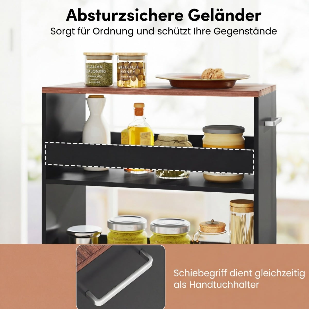 Coast smalle keukenwagen - 4-laags opbergwagen op wielen 47,5 x 25 x 80,5 cm - Zwart/Bruin