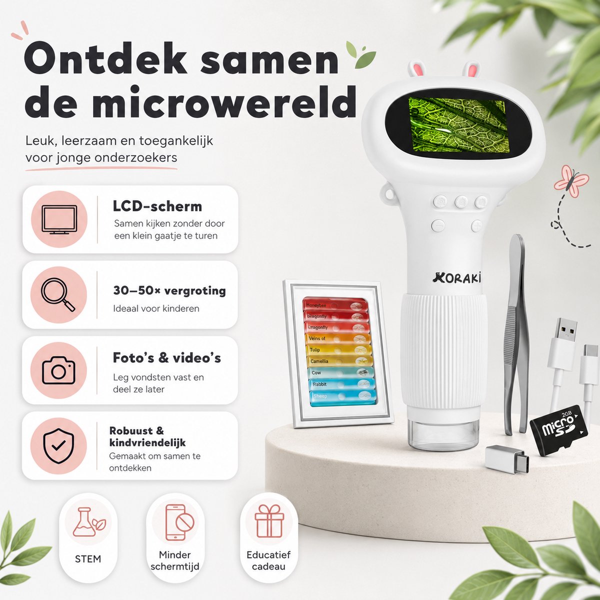 Koraki® Digitale Microscoop voor Kinderen - LCD Scherm - 30x-50x - Camera - Micro-SD