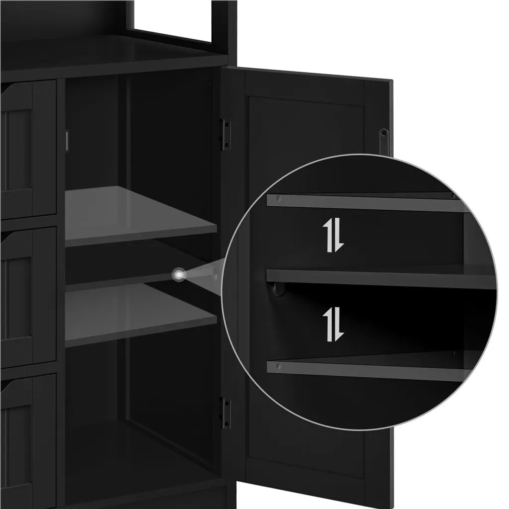 Yaheetech Badkamerkast 55,5 x 29,5 x 86,5 cm - Zwart - Badkamermeubel met 3 Lades en Verstelbare Plank