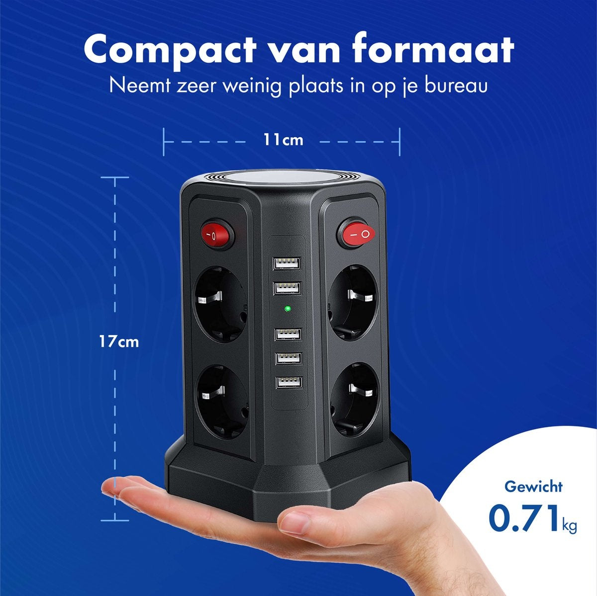 Stekkerdoos met Schakelaar en USB - Energiebesparende Aan/Uit Knoppen - Stekkerblok - Verdeelstekker - Powercube - Zwart - 3 Meter Kabel