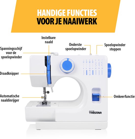 Tristar SM‑6003 Naaimachine – 14 Patronen – Automatische Draadinrijger & Vrije Arm – LED‑Licht – Inclusief Accessoires – Voor Beginners