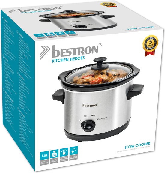 Bestron Slowcooker 120W - ASC150 - 1,5L - Keramische binnenpan - Zilver